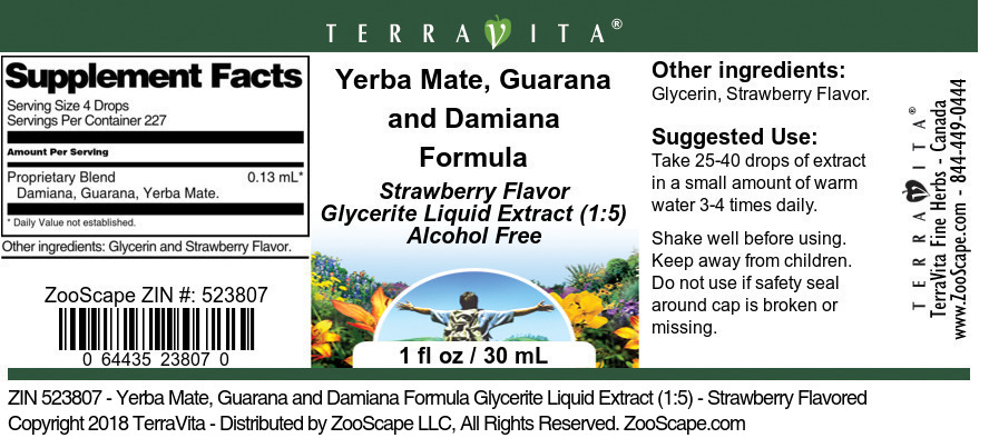Yerba Mate, Guarana and Damiana Formula Glycerite Liquid Extract (1:5) - Label