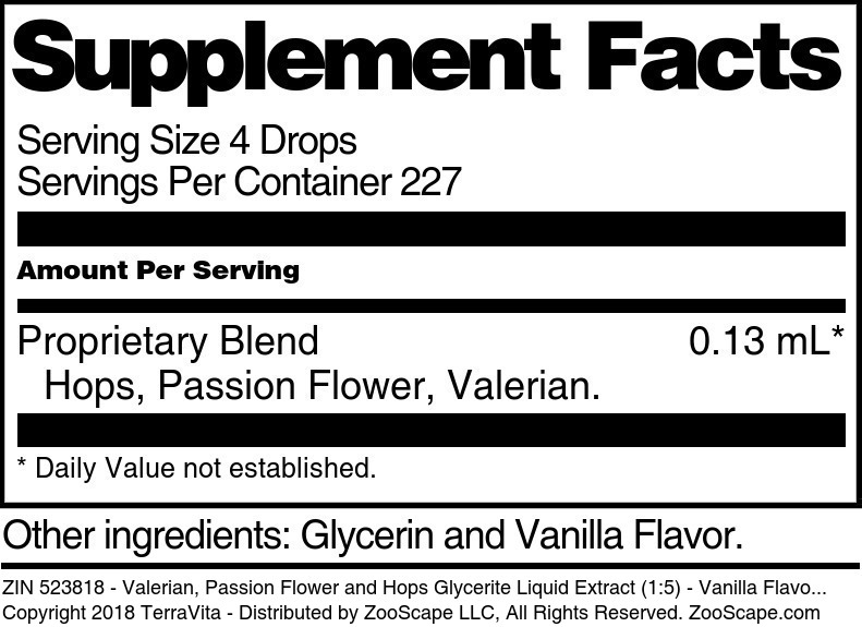 Valerian, Passion Flower and Hops Glycerite Liquid Extract (1:5) - Supplement / Nutrition Facts